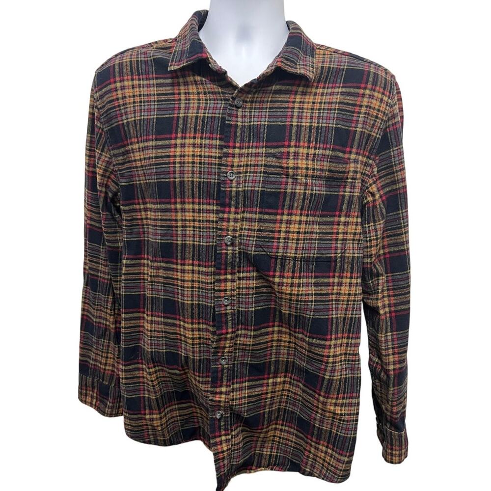 🪵 Eddie Bauer Plaid Flannel Shirt L – Red Yellow Navy Heritage Outdoors Style